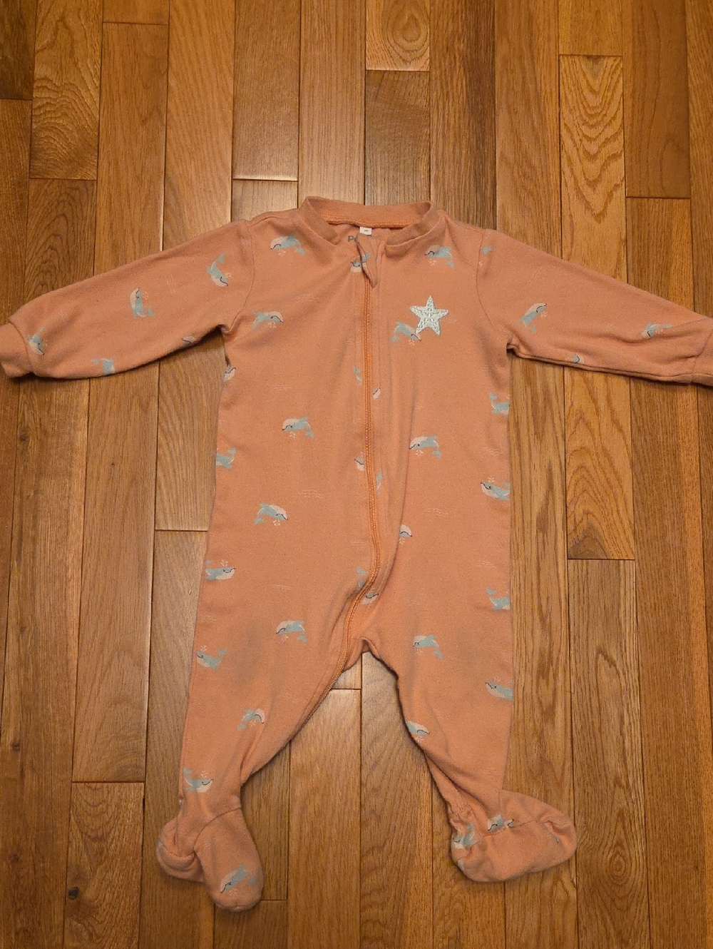 5/$20 Pekkle Footed Onsie Pajamas Sleeper Peach Whale Print 9M